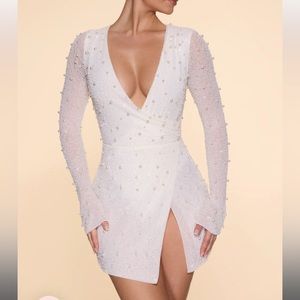 Oh Polly Embellished Wrap Over A-Line Mini Dress in Ivory